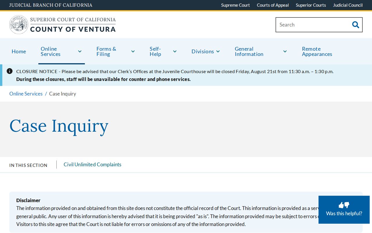 Ventura County residents directory Superior Court case inquiry