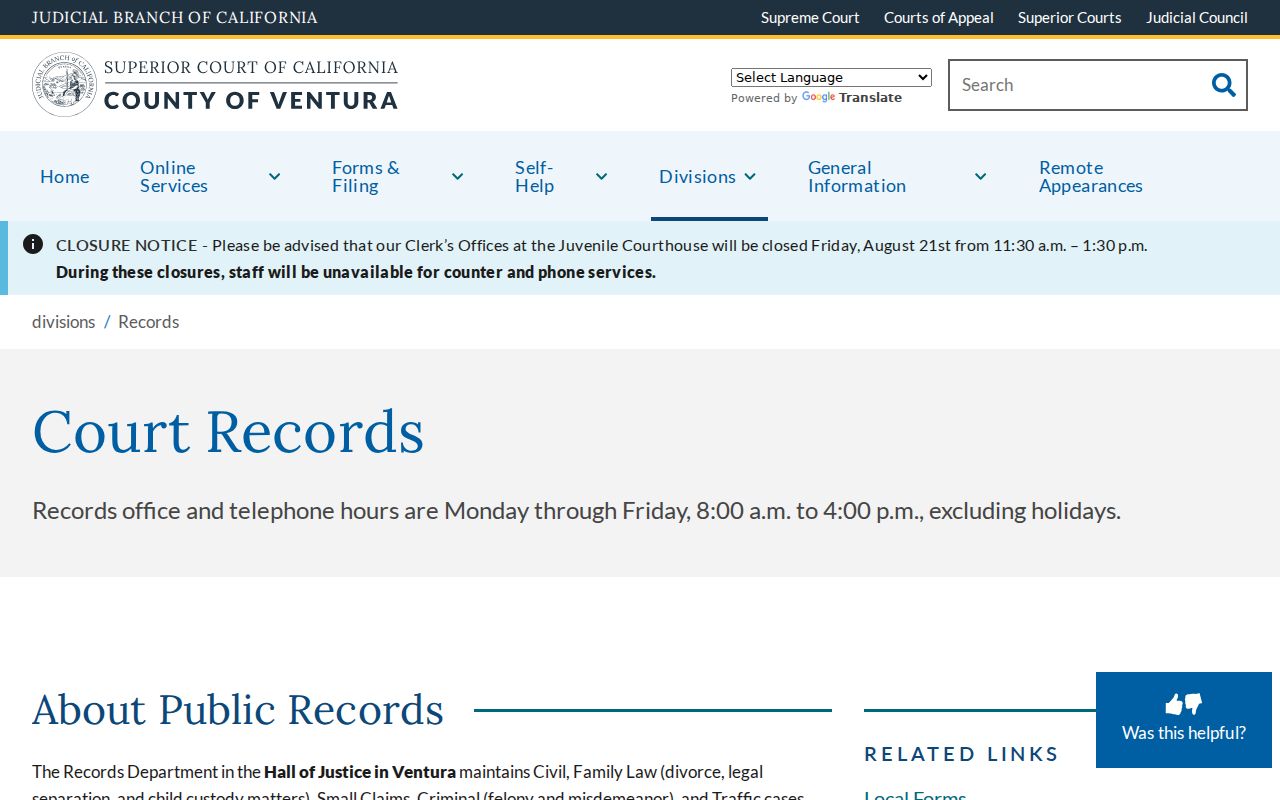 Ventura County previous residents court records access